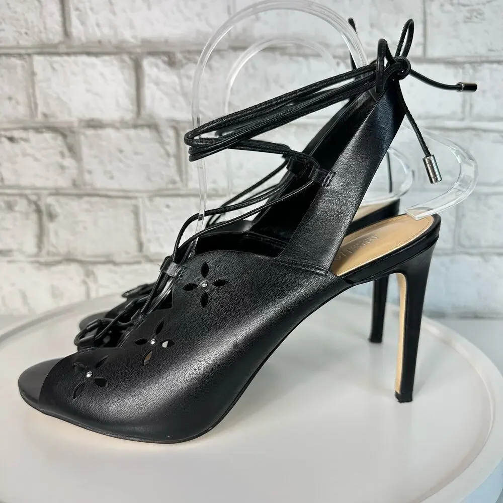 Michael Kors Black Heels Thalia Ankle Wrap Strappy Pump Stiletto Open Toe 7.5 38